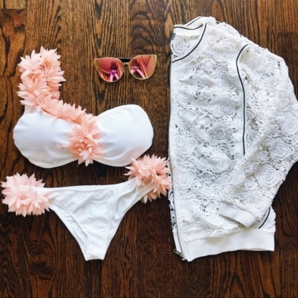 Boutique Floral Tulle Trim Bikini Swimsuit White